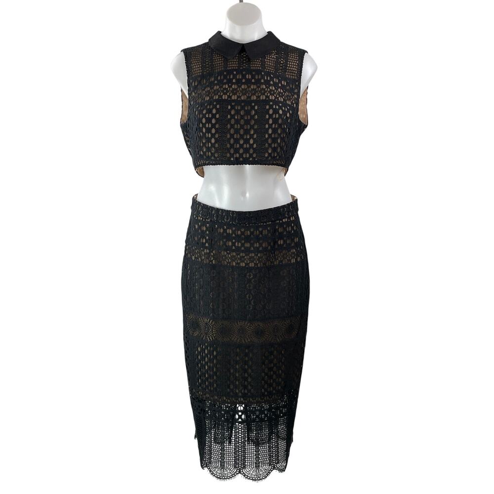 BCBGMAXAZRIA Black Crochet Sleeveless Collared Cropped 2 Piece Skirt Set Size 6